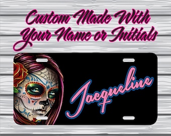 Custom Personalized Sugar Skull Front License Plate, Car Coasters, Monogram Day of the Dead