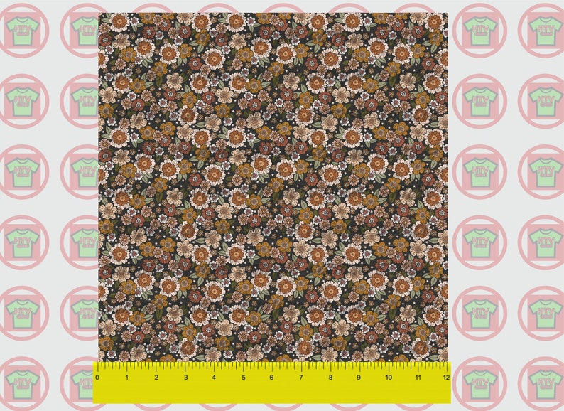 May include: A seamless pattern featuring a variety of small flowers in shades of brown, orange, and white on a black background.