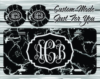 Monogram Marble Aluminum License Plate, Car Coasters, Keychain