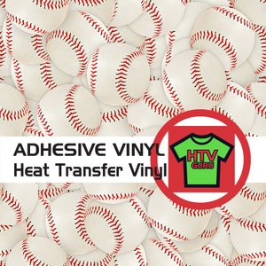May include: White baseballs with red stitching are stacked in a pile. The text "ADHESIVE VINYL Heat Transfer Vinyl" is at the top of the image. A red circle with a green t-shirt inside has the text "HTV GURU" on it.