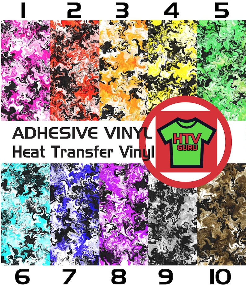 May include: Ten different colors of adhesive vinyl with a marbled pattern. The vinyl is heat transfer vinyl and is suitable for use on fabric. The vinyl is labeled with numbers 1 through 10.
