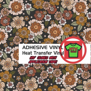 May include: Floral patterned heat transfer vinyl with the text "ADHESIVE VINYL Heat Transfer Vinyl HTV COMES WITH APPLICATION TAPE!" and a red circle with a green t-shirt that says "HTV GURU".
