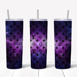 May include: Three stainless steel tumblers with lids and straws. The tumblers are wrapped with a galaxy print featuring a black and white Louis Vuitton pattern.