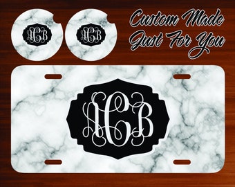 Marble Monogram Aluminum License Plate, Car Coasters, Keychain