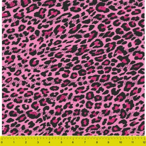 May include: Pink and black leopard print fabric with a repeating pattern. The fabric is measured in inches.