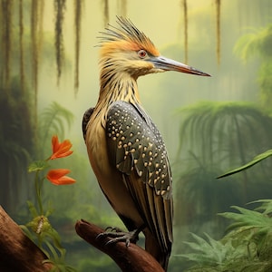 May include: A detailed illustration of a bird perched on a branch. The bird has a yellow and brown head with a spiky crest, a long beak, and a speckled back. It is set against a lush green background with orange flowers.
