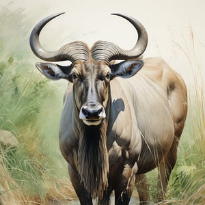 Può includere: Dipinto ad acquerello di uno gnu in piedi in acque poco profonde, circondato da erba alta. L'animale ha un mantello grigio scuro, una lunga barba e grandi corna ricurve. L'opera d'arte ha una tavolozza di colori morbida e naturale.