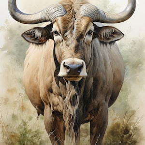 Può includere: Dipinto ad acquerello di uno gnu in piedi in acque poco profonde. L'animale ha un mantello marrone chiaro, una lunga barba e grandi corna ricurve. Lo sfondo presenta un morbido fogliame verde e marrone.