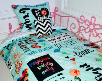 18” Doll Bedding Set/Positive Vibes Doll Bedding/3pc Doll Bedding Set/18 inch Doll Bedding Set/Positive Vibes