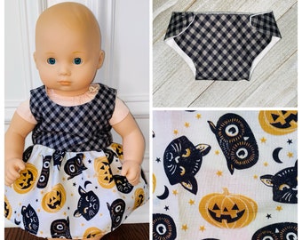 Halloween DEAL!/15” Doll Clothes/Bitty Baby Dress + Diaper/Halloween Pumpkins, Cats & Owls/15” Doll Dress/15 inch Doll Clothes/Bitty Baby