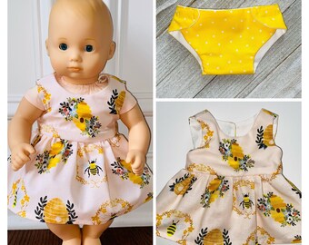 15” Doll Clothes/Bees & Honey Dress + Diaper/Bitty Baby/15 inch Doll Clothes/15 inch Doll Dress/Doll Diaper/Bees and Honey