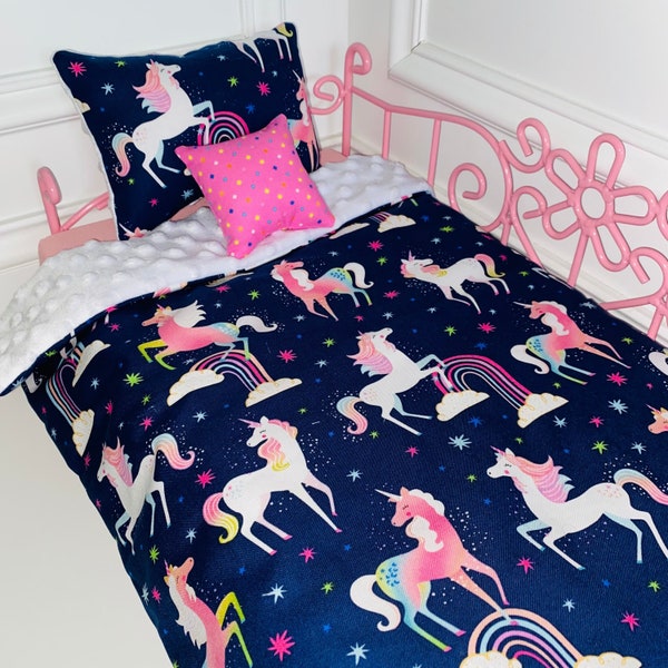 18” Doll Bedding Set/Unicorn Doll Bedding/3pc Doll Bedding Set/18inch Doll Bedding Set/Unicorns & Rainbows Doll Bedding/Unicorn and Rainbows