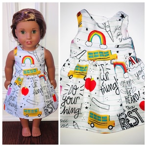 Back to School!/18” Doll Clothes/School Doodles Dress/18” Doll Dress/18 Inch Doll Clothes/18 Inch Doll Dress/Back to School Dress