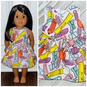 Back to School!/18” Doll Clothes/School Supplies Dress/18” Doll Dress/18 Inch Doll Clothes/18 Inch Doll Dress/Back to School Supplies Dress