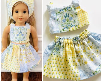 18” Doll Clothes/Yellow + Blue Quilt Style Patchwork Outfit/2pc Doll Outfit Set/Paperbag Skirt & Crop Top Set/18 inch Doll Clothes