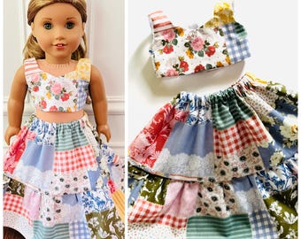 18” Doll Clothes/Floral Patchwork Doll Outfit/2pc Outfit Set/Ruffled Skirt & Crop Top Set/18" Doll Outfit/18in Doll Clothes/Quilt Patchwork
