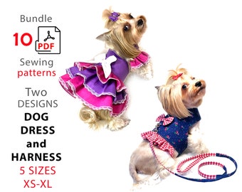 2 Bundles 10 PDF sewing patterns 5 sizes XS-XL two designs dog clothing and sewing steps tutorial dogs Princess dress and Harness with Leash