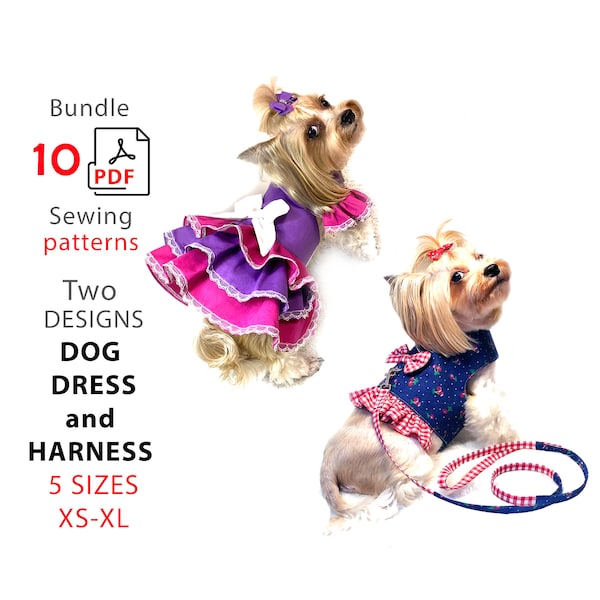 2 Bundles 10 PDF sewing patterns 5 sizes XS-XL two designs dog clothing and sewing steps tutorial dogs Princess dress and Harness with Leash