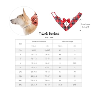 May include: A red plaid tuxedo bandana featuring a red bow tie and two black buttons. The image includes a size chart with neck circumference and bandana height measurements in inches and centimeters for sizes XS through 5XL.