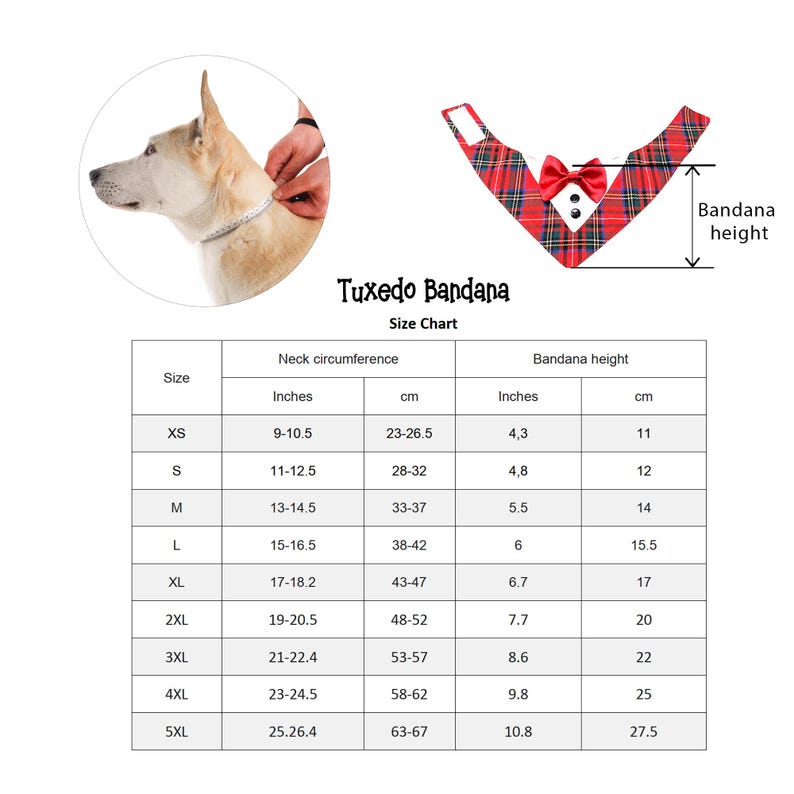 May include: A red plaid tuxedo bandana featuring a red bow tie and two black buttons. The image includes a size chart with neck circumference and bandana height measurements in inches and centimeters for sizes XS through 5XL.