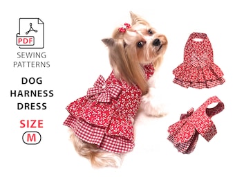 Size M dog harness dress PDF sewing pattern to print and step by step tutorial, for dogs Chest 15'', DIY cute dog dress with ruffles and bow