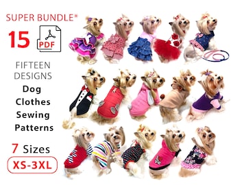 Dog clothers patterns 15 design - Super Bundle Set of patterns - Sewing patterns for Small and Medium dog 7 Sizes - Dogs Fashion collection