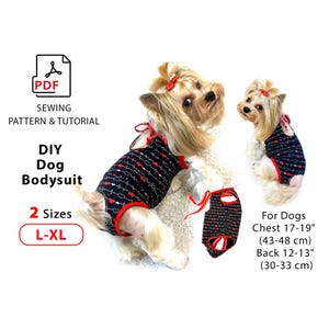 May include: DIY dog bodysuit sewing pattern and tutorial in PDF format. The pattern includes two sizes, L-XL, and is designed for dogs with a chest measurement of 17-19 inches (43-48 cm) and a back length of 12-13 inches (30-33 cm). The pattern features a black and red design with hearts.