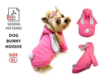 Size XL dog bunny hoodie pdf sewing pattern and DIY tutorial step by step, for small dog puppy or cat, pattern for home print A4 / US Letter