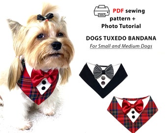 Dog Tuxedo bandana Sewing Pattern and Tutorial PDF, festive bandana for small and medium dogs, cute pets accessories, home print A4/Letter