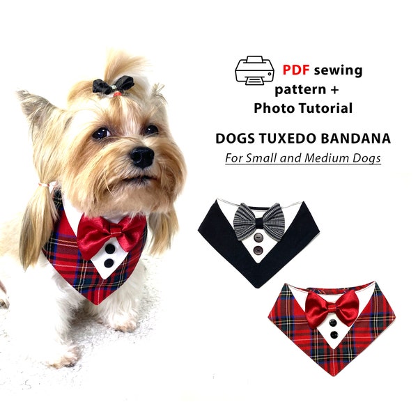 Dog Tuxedo bandana Sewing Pattern and Tutorial PDF, festive bandana for small and medium dogs, cute pets accessories, home print A4/Letter
