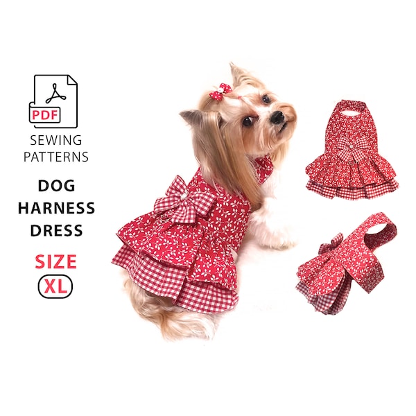 Size XL dog harness dress PDF sewing pattern to print and step by step tutorial, for dogs Chest 18'', DIY harness dress with rufles and bow