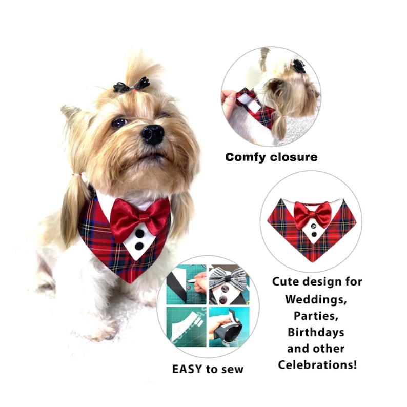 dog bandana pattern, tuxedo bandana, multi-size pattern, pet accessories, sewing pattern for pets, easy to sew, printable pattern, dog clothing pattern, sewing tutorial for pets, DIY dog bandana