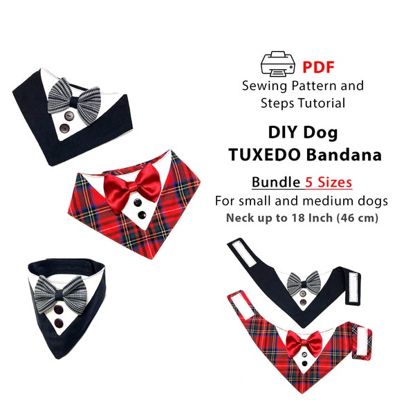 PDF sewing pattern Dog Tuxedo bandana and photo steps tutorial, 5 sizes small and medium dogs for neck 9-18 inches (23-47 cm), A4/Letter