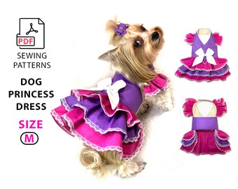 Size M Dog Princess Dress PDF sewing pattern and DIY steps tutorial, for dogs puppies and cats, cute ruffled pets dress, pattern for print