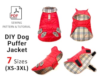 Dog and Cat Puffer Jacket sewing pattern 7 sizes XS-3XL, one piece padding coat for pets