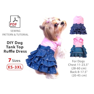 Molde de vestido para cachorro - Molde de costura em PDF - 7 tamanhos XS-3XL - Tutorial de costura, vestido regata para cachorro com saia de babados - Para impressão em tamanho A4 e tamanho carta EUA