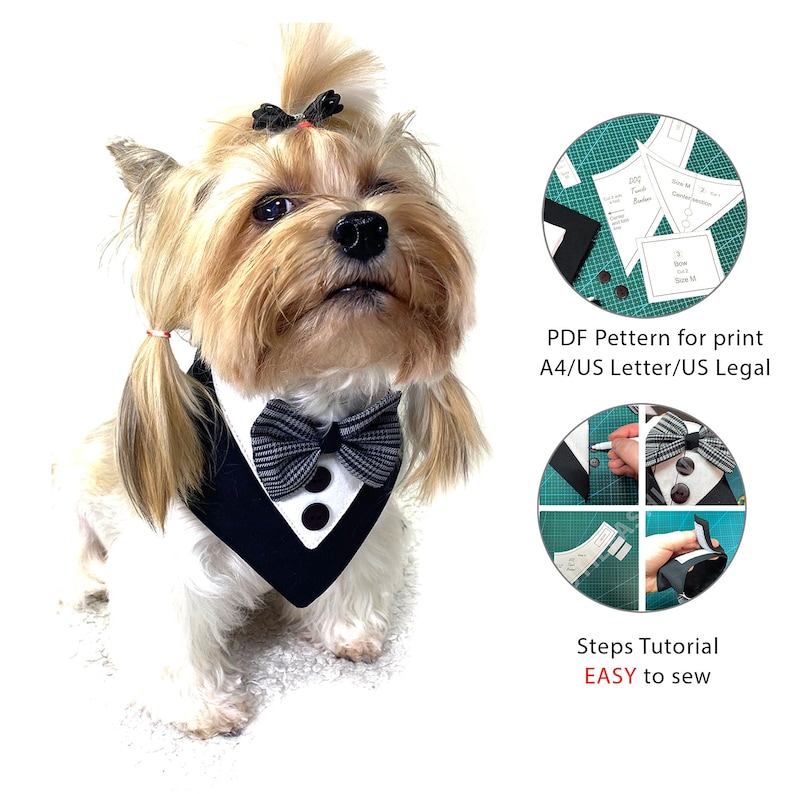 dog bandana pattern, tuxedo bandana, multi-size pattern, pet accessories, sewing pattern for pets, easy to sew, printable pattern, dog clothing pattern, sewing tutorial for pets, DIY dog bandana
