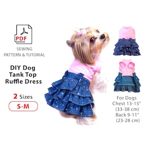 Molde de vestido para cachorro - Molde de costura em PDF - 2 tamanhos P e M - Tutorial de costura, vestido regata para cachorro com saia de babados - Para impressão em A4 e Carta EUA