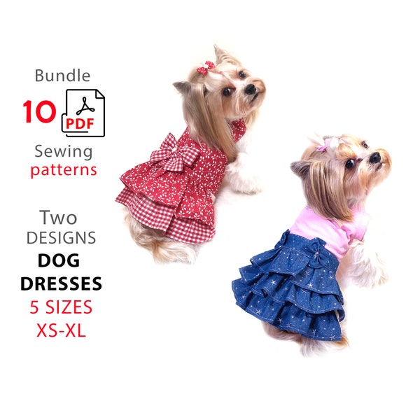 2 Bundles PDF patterns small dogs dresses - Set 5 sizes XS-XL two designs patterns and tutorial step by step dog Harness and Tank top dress