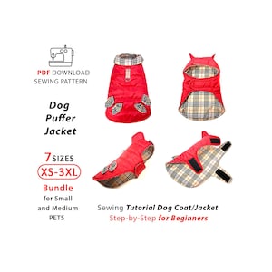 Dog jacket PDF printable sewing pattern, 7 sizes XS-3XL, one piece padding dog coat