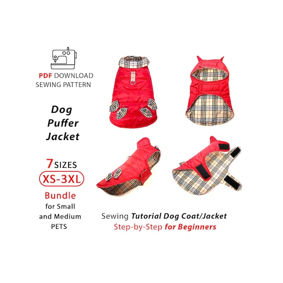 Dog jacket PDF printable sewing pattern, 7 sizes XS-3XL, one piece padding dog coat