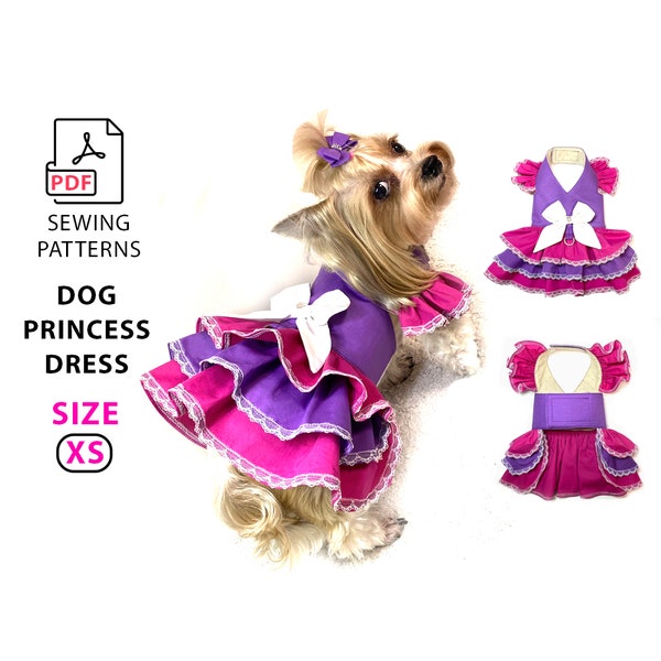 Size XS Dog Princess Dress PDF sewing pattern and DIY steps tutorial, for dogs puppies and cats, cute ruffled pets dress, pattern for print