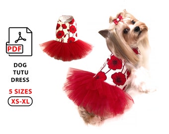 5 Sizes XS to XL Dog Tutu Dress PDF sewing patterns to print, easy tutorial how to make Tutu dress for small dogs breeds, puppies and cats
