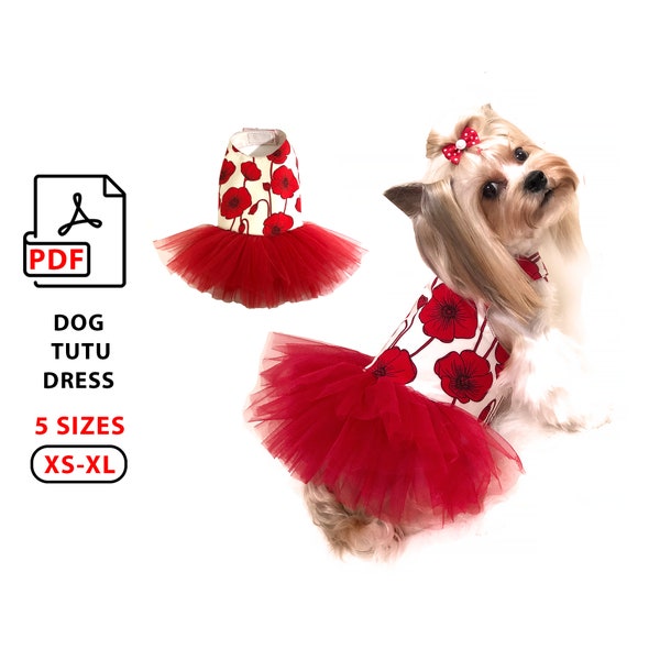 5 Tallas XS a XL Vestido tutú para perros Patrones de costura en PDF para imprimir, tutorial fácil de cómo hacer un vestido tutú para perros de razas pequeñas, cachorros y gatos