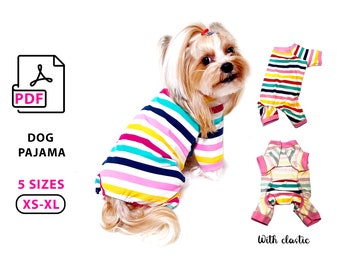 5 Sizes XS to XL Dog Pajamas PDF sewing patterns and step by step tutorial, home print pattern and cuting out of fabric, easy diy dog pajama