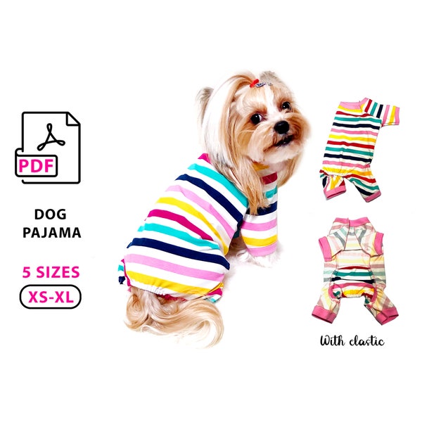 5 Sizes XS to XL Dog Pajamas PDF sewing patterns and step by step tutorial, home print pattern and cuting out of fabric, easy diy dog pajama