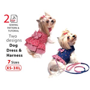 Dog dress and Harness with scrappy Leash - 2 cute design - PDF download sewing pattern for print - 7 Sizes XS-3XL for small and medium dogs