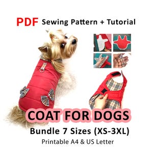 Dog coat PDF printable sewing pattern, 7 sizes XS-3XL, one piece padding puffer jacket