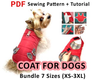 Dog coat PDF printable sewing pattern, 7 sizes XS-3XL, one piece padding puffer jacket