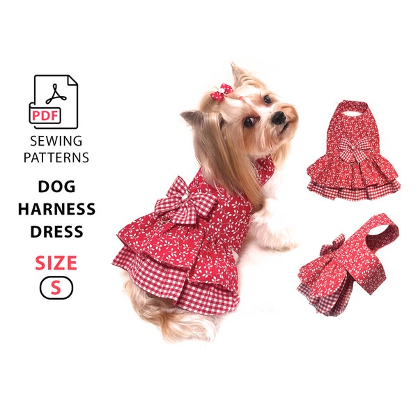 Size S dog harness dress PDF sewing pattern and step by step tutorial, for dogs Chest 13 inch, DIY dogs harness dress, print A4/US Letter